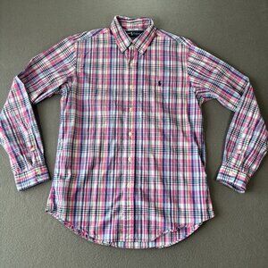 Polo Ralph Lauren Button Up Shirt Mens M Pink Plaid Long Sleeve Pony Preppy Chic